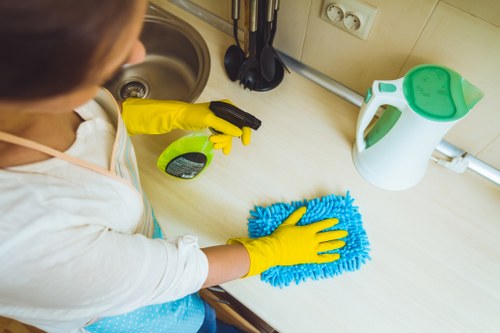 Cleaner operating carpet machine with care in a tidy room